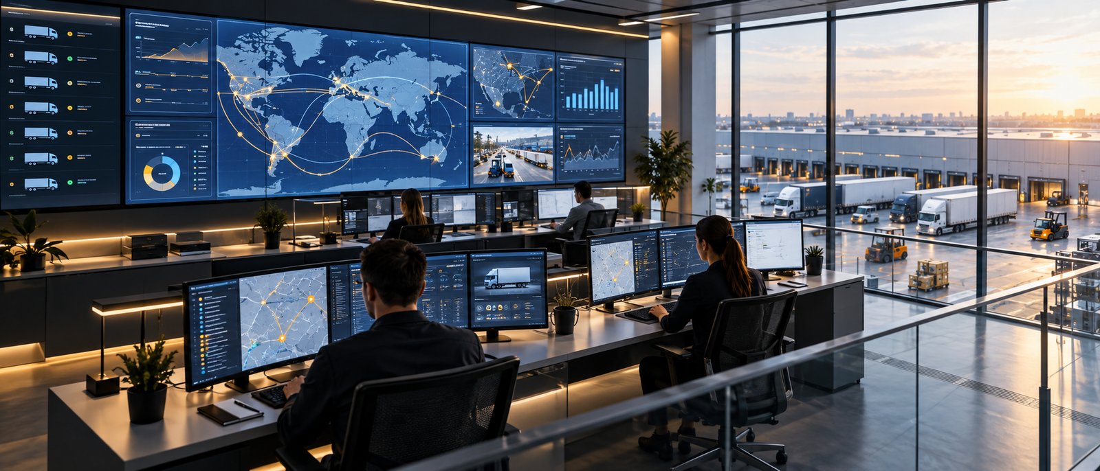 Logistics control tower with route dashboards and warehouse yard view