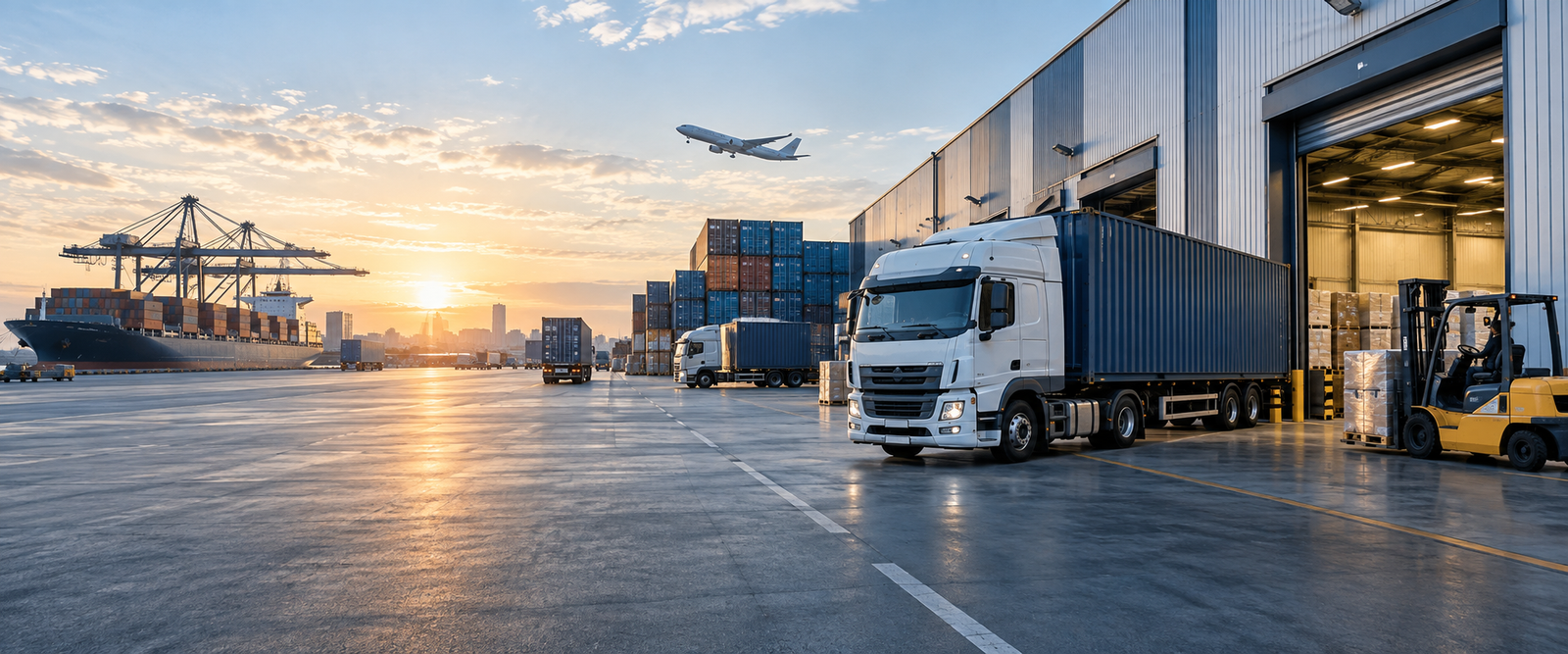 Modern logistics hub with trucks, containers, warehouse docks, and cargo aircraft